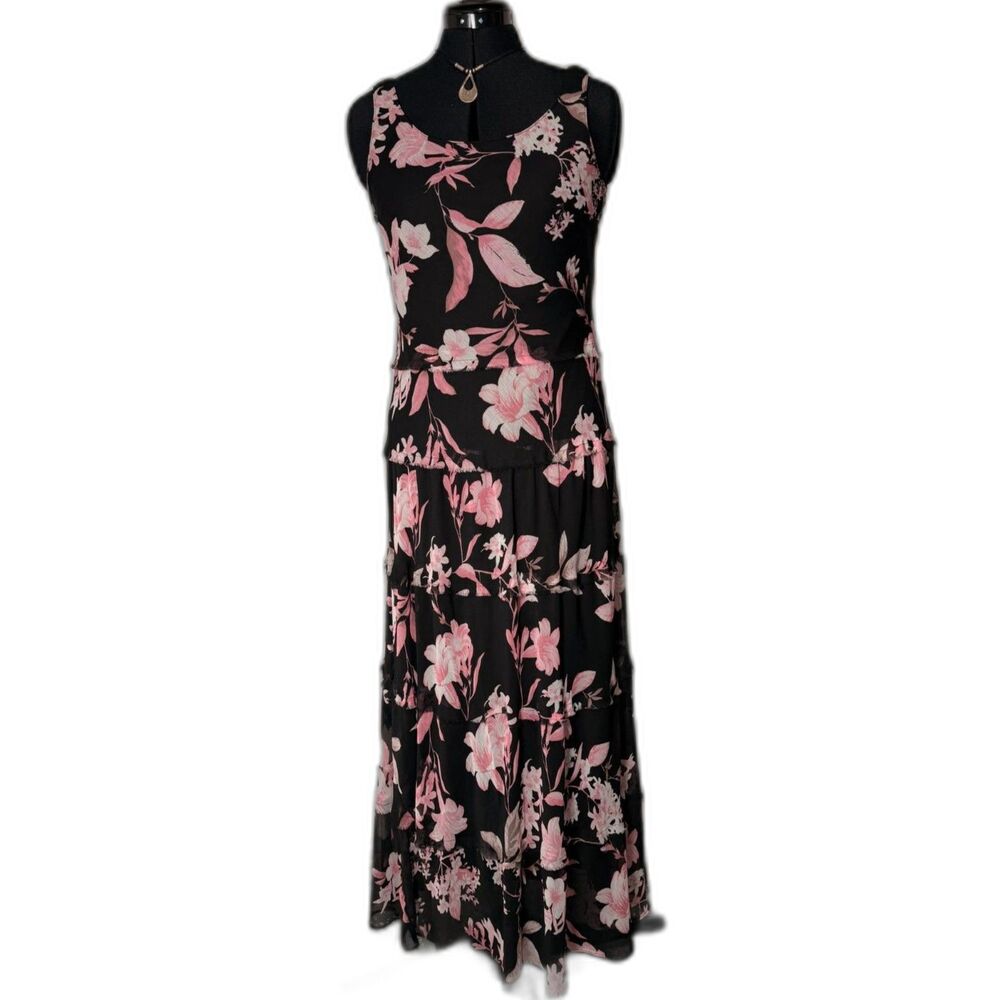 Jones Studio Black Pink Floral Tiered Maxi Dress